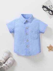 1 Stück Kinder Jungen Lässiges blaues Kragen Doppeltasche Hemd, geeignet für lässige Partys, Geburtstagsfeiern, Gastgeber-Anlässe, Aufführungen, Strandurlaub, Frühling/Sommer