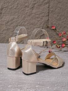 Low Heel Sandals Girl Round Toe Woven Heeled Sandals Spring/Summer New Gorgeous Strap Buckle Closed Toe Versatile Sandals - Gold - View 7