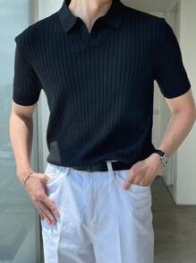 Men's Summer Solid Color Knitted Shirt - Black - View 1