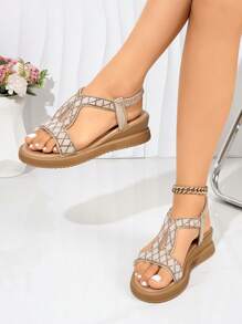 Women Fashion Rhinestone Thick Bottom Wedge Open Toe Sandals With Elastic T-Strap, Comfortable Slip On Design Suitable For Daily Commute, Vacation, Outdoor Gathering, Party And Leisure Occasions - Gold 2# - View 3