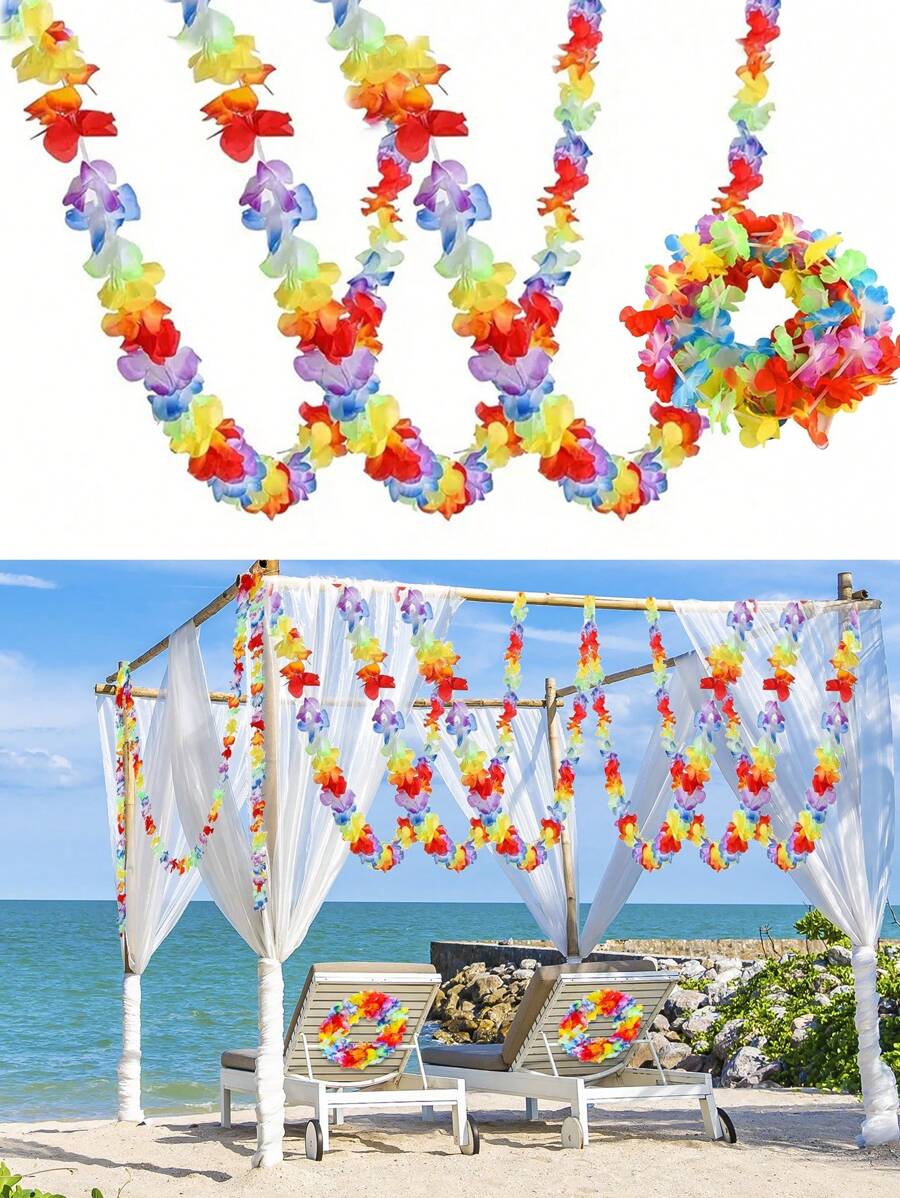 Set de 3 coronas hawaianas - Cinta de flores colorida para fiestas, accesorios para fotos y decoración del hogar | Diseño de flores de colores múltiples perfecto para celebraciones y ocasiones festivas, decoración de fiesta hawaiana, corona de flores hawaiana de elegante color arcoíris, suministros para fiesta hawaiana luau, banner de guirnaldas hawaianas, coronas de seda de Hawai para bodas, decoraciones de cumpleaños en la playa, decoraciones de bodas - Multicolor - Ver 1