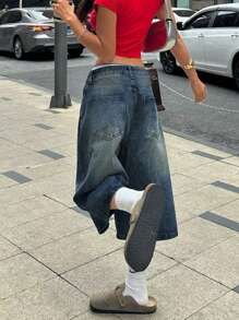 Y2K Street Vintage Washed Cat Whiskered Pocket Style Wide Leg Bermuda Jeans Denim Jorts Casual Shorts Cropped Trousers Y2K Music Festival - 復古藍 - 查看 2