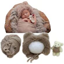 新生儿摄影道具服装女孩男孩泰迪熊帽子带包裹弹力毯和熊娃娃婴儿拍摄配件 - 彩色 - 查看 1