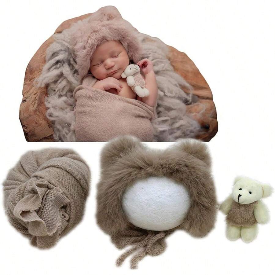新生儿摄影道具服装女孩男孩泰迪熊帽子带包裹弹力毯和熊娃娃婴儿拍摄配件 - 彩色 - 查看 1