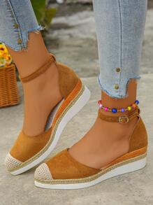 2025 New European & American Fashion Plus Size Wedge Heel Sandals, Jute Splice Roman Sandals, Comfortable & Lightweight Strap Solid Color Ladies Shoes For All Seasons