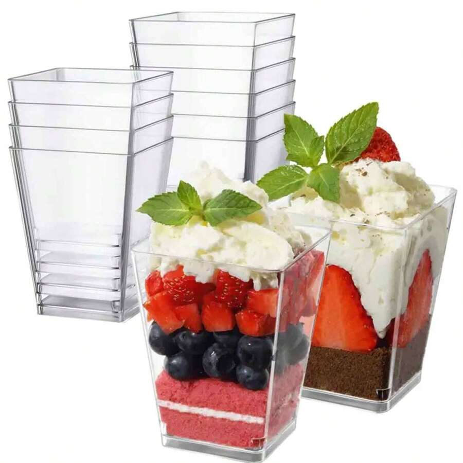 100 piezas de copas cuadradas para mouse con y sin tapas, tazas para postres, gelatinas, pasteles, para fiestas, bodas, al aire libre, yogurt, repostería, aperitivos, frutas y pudines