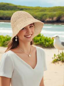 Chapéu de Balde de Palha Dobrável Feminino | Chapéu de Sol de Praia | Chapéu de Viagem Boêmio Trançado à Mão UPF50+ para Senhoras - Leve Portátil Vazado Chapéu de Verão (À Prova de Vento / Respirável / Pronto para Férias) Em 6 Cores