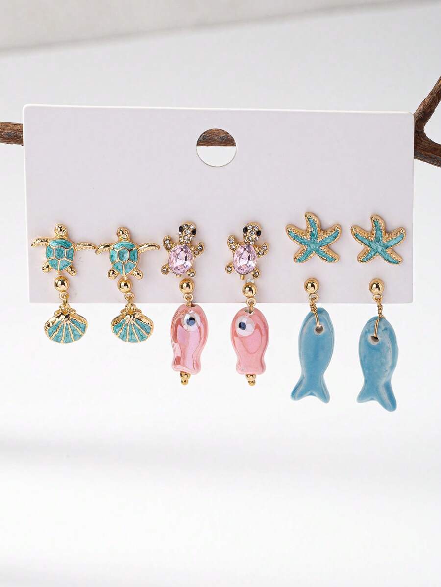 6 Pairs Summer Beach Style Earrings Set Sea Turtle Earring Ceramic Fish Starfish Earring Women Vacation Style Jewelry - Multicolor - View 1