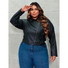Women's Plus Size Leather Jacket Pixie Coat Blouse - Black - View 4