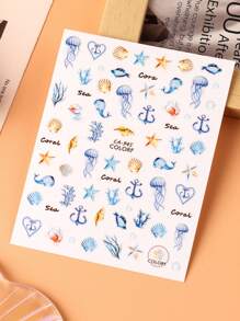 6PCS Blue Ocean Jellyfish Nail Art Decals 3D Seahorse Charms Sea Shell Nail Sticker Self-Adhesive Summer Foil Sliders For Manicure