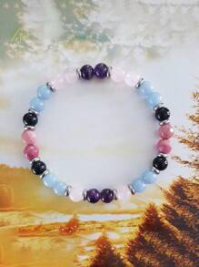 6 毫米紫水晶和玫瑰石英串珠治疗手链可缓解压力、转化负能量、平衡情绪冥想珠宝礼物，适合男女 - 彩色 - 查看 3