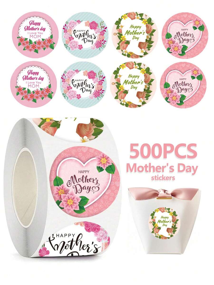500pcs Mother's Day Stickers, Happy Mother's Day Floral Heart Shaped Labels, Stickers For Mom Birthday Cards And Envelope Seals - Multicolor - View 1