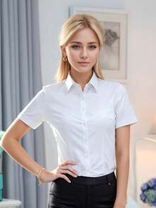 Blusa de manga corta blanca para mujer, camisa interior para traje de trabajo de oficina, nuevo lanzamiento de primavera/verano 2025, atuendo profesional de negocios de verano - Blanco - Ver 2