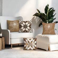 4pcs Brown Line Floral Print Set - Single-Sided Printed Throw Pillow Cover 45*45cm, Peach Velvet