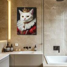 1pc Pet Wrapped Framed Canvas Wall Art, Vintage Prints Poster, Cat Dress Crown White Red Gold, Birthday Party Decor, Decorative Wall Art For Living Room Bedroom Office, Hanging Hardware Included - Framed, Vertical