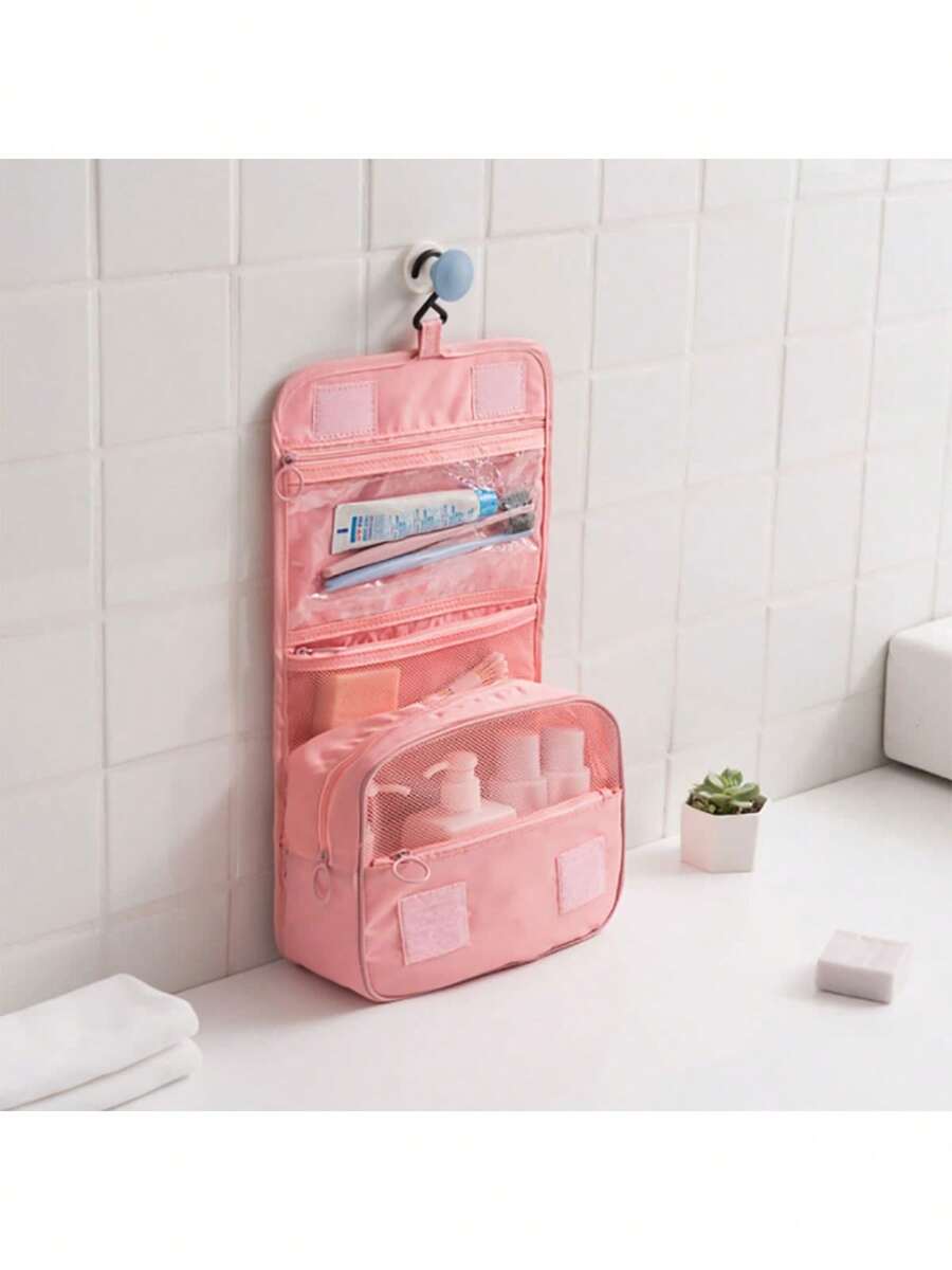 1pc Multifunctional Travel Hanging Dry-Wet Separation Cosmetic Bag, Handheld Storage Organizer - Pink - View 1