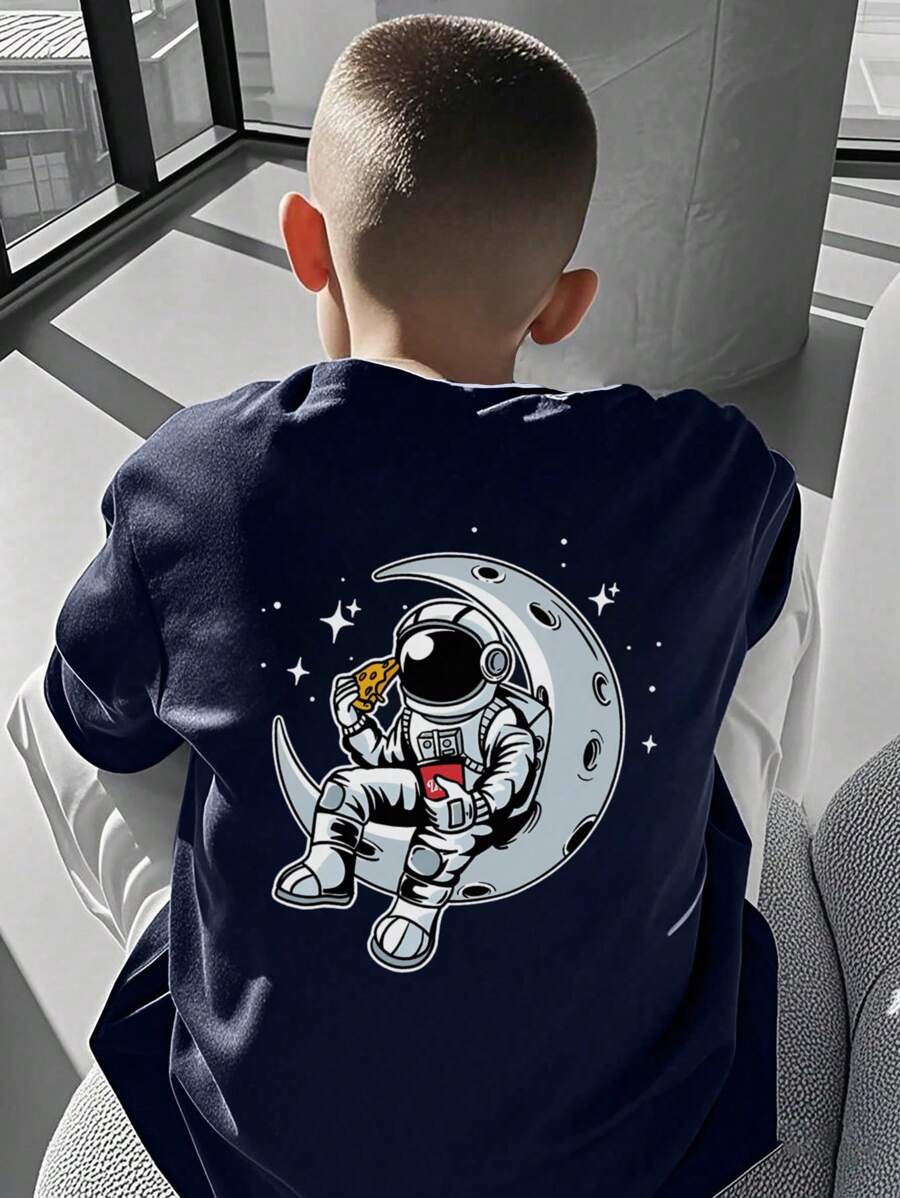 1 bucată tricou cu mânecă scurtă cu mânecă scurtă cu imprimeu ondulat și palmier pentru băieți, îmbrăcăminte de vară pentru studenți - Aduce bucurie și fericire fiecărui copil! - Albastru marin - Vizualizare 1