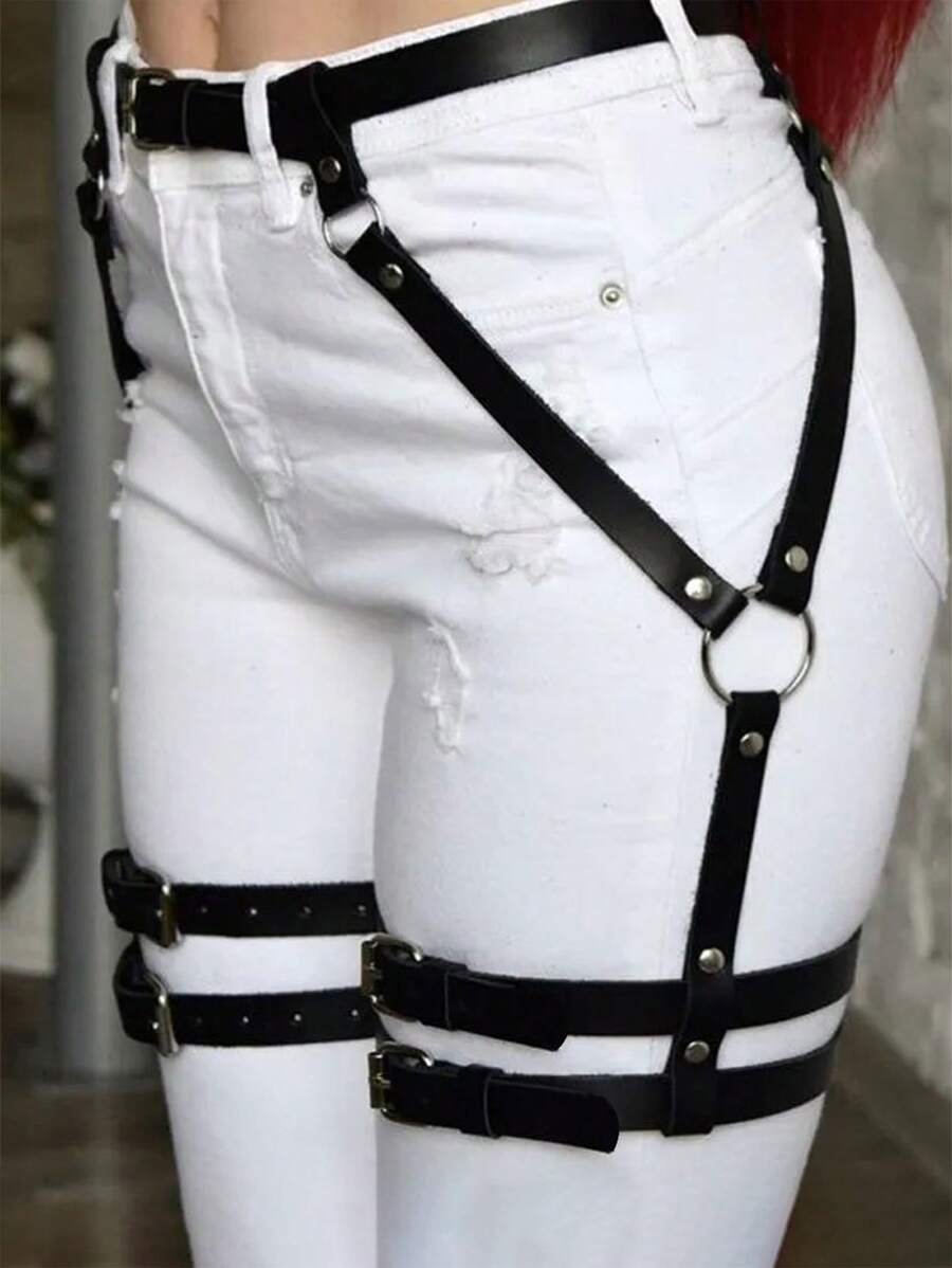 1 Pc Street-Style Waist Belt, Black PU Leather Thigh Garter, Suitable For Party & Everyday Wear For Women