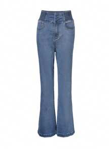 Back Shirred Button Front High Waist Jeans - Baby Blue - View 5
