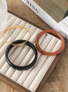 3pcs Fashionable Vintage Creative Geometric Wooden Resin Metal Bracelet Set, Suitable For Women Daily Casual/Party Wear - Multicolor - View 8