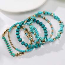 BOCAR 5pcs/Set Boho Copper Chained Bead & Faux Turquoise Bracelets, Suitable For Women Holiday & Daily Wear - Set - View 13
