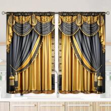 2pcs European Style Elegant Patchwork Pattern Home Textile Digital Printed Curtains, Designed For Easy Hanging, Providing Privacy, Suitable For Bedroom, Living Room, Kitchen, Study, Dining Room, Gaming Room, Essential Home Decor