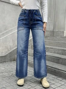 Wide Leg Mid Waist Causal Baggy Barrel Jeans For Women Drawstring Eyelet Waist Denim Pants(The Size Is Slightly Small; It Is Recommended To Order One Size Up.) - Dark Wash - View 8