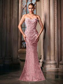 LUVISTRUE 仙女气质珍珠装饰礼服女式亮片晚礼服适合毕业季舞会、生日派对、联欢晚会、鸡尾酒会、音乐会、颁奖典礼单肩及地长裙 - 粉色 - 查看 2