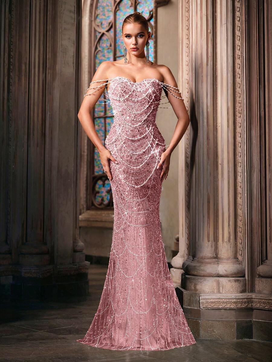 LUVISTRUE Fairy Temperament Pearl Decoration Formal Dress Women Sequins Evening Gown For Graduation Season Prom, Birthday Party, Galas, Cocktail Party, Concert, Award Ceremony Pure Color One Shoulder Floor Length Dresses - Hồng - Xem 1