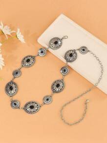 Cadena de cintura ajustable de mujer elegante y vintage de tono plateado, hecha a mano. Cinturón de cintura de aleación de zinc con gemas y estampado de lunares de unicolor, adecuado para uso diario, fiestas, citas, primavera/verano/otoño/invierno.