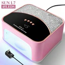 Nueva lámpara de uñas con adhesivo de diamante, lámpara de uñas profesional SUN L7 de 45 LED - Diseño cuadrado rosa con cristales incrustados, 4 ajustes de temporizador, curado rápido para esmalte de gel/UV, para salones y manicuras en casa - Rosa