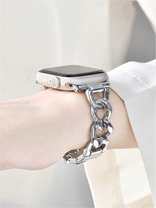 1PC Fashion Silver Metal Chain Watch Band For Men Women,Luxury Watch Strap Compatible With Apple Watch Series 11 10 9 8 7 SE 6 5 4 3 2 1 Ultra 3/2/1,Compatible With IWatch S10 S11 & 38mm 40mm 41mm 42mm 44mm 45mm 46mm 49mm Models,Durable Replacement Wristband Accessories