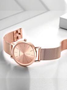 1 pezzo Orologio da polso da donna color oro rosa, movimento giapponese, cinturino in maglia di acciaio inossidabile, stile minimalista ed elegante, adatto per uso quotidiano e come regalo