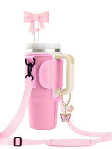 Water Bottle Carrier Bag With Handles Set,With 1 Bow Straw Hat And 1 Butterfly Bracelet, Bottle Bag With Adjustable Shoulder Strap,Compatible With Stanley 40oz 30oz Tumbler With Handle, Cup Accessories , Valentine's Day, Mother's Day, Birthday Gift, Back To School Supplies - Multicolor - View 12