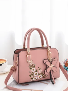 Elegant Floral Pattern Handbag, Women's Fashion Faux Leather Shoulder Bag, Double Handle Purs