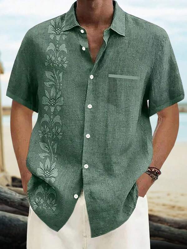 Plus Size Men's Retro Bowling Casual Button Pocket Short Sleeve Shirt