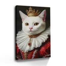 1pc Pet Wrapped Framed Canvas Wall Art, Vintage Prints Poster, Cat Dress Crown White Red Gold, Birthday Party Decor, Decorative Wall Art For Living Room Bedroom Office, Hanging Hardware Included - Framed, Vertical