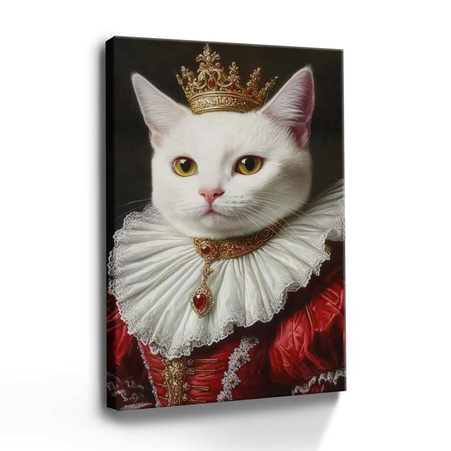 1pc Pet Wrapped Framed Canvas Wall Art, Vintage Prints Poster, Cat Dress Crown White Red Gold, Birthday Party Decor, Decorative Wall Art For Living Room Bedroom Office, Hanging Hardware Included - Framed, Vertical