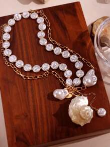 Bộ 2 chiếc/Bộ mặt dây chuyền ngọc trai trắng lớn tự nhiên và vỏ sò, Quà tặng trang sức mùa hè cổ điển thanh lịch cho phụ nữ, Trang sức cao cấp thời trang ngày lễ cho bạn bè - Nhiều màu - Xem 5
