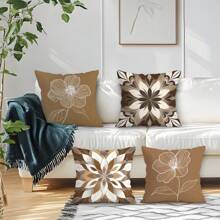 4pcs Brown Line Floral Print Set - Single-Sided Printed Throw Pillow Cover 45*45cm, Peach Velvet