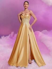 BluePlum Women Heart Shaped Bandeau Floor Length Gown, Elegant Luxury Backless Fitted Formal Party Cocktail Evening Dress With High Slit A-Line Dress, Spring/Summer, Wedding Guest Dress