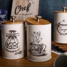 3pcs Coffee Jars, Retro Style Food Sealed Tank With Wooden Lid AndSealing Strip, Leak Proof And Reusable Food Storage Box, For Biscuit,Candy And Sugar, Kitchen Organizers And Storage, Kitchen Accessories