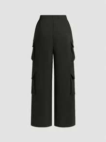 Women's Y2K Style Solid Color Thin Breathable Flap Pocket Straight Leg Cargo Pants, Suitable For Outdoor Sports And Casual Wear, Spring/Summer/Autumn New Elastic High Waist Trousers - Black - View 3
