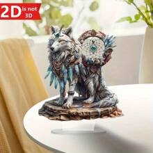 波西米亚白狼捕梦网亚克力 2D 桌面装饰 - 带羽毛和珠子的动物主题艺术礼物，适合房间、咖啡厅、办公室或卧室 - 节日装饰、波西米亚风家居装饰、随机风格