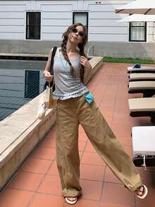 蕾丝边吊带背心，2025春夏新款修身小众无袖打底衫或外套，女士休闲款 - 灰色 - 查看 3