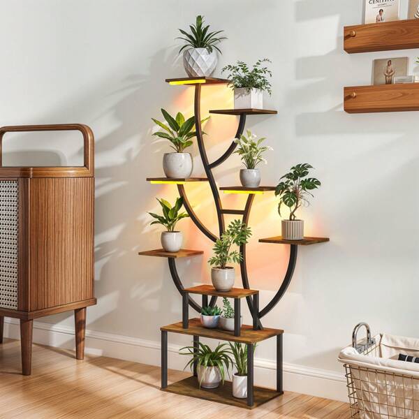 Plant Stand Indoor With Grow Lights, 9 Tiered Indoor Plant Shelf, 63" Tall Plant Stand For Indoor Plants Multiple, Metal Plant Flower Holder, Tree-Shaped Plant Rack For Home Living Room, Patio, Balcony