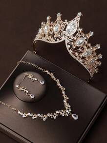 4 pièces Ensemble de bijoux de mariée avec couronne en strass, incluant une couronne, un collier et des boucles d'oreilles, convient pour le mariage, les accessoires de robe de mariée, la fête de mariage