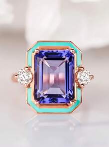 1pc Fashionable Women Purple Square Cubic Zirconia Stone Ring, Suitable For Engagement, Wedding, Valentine's Day Gift - Hoa hồng vàng - Xem 12