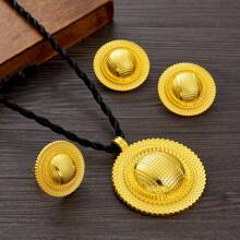 3-Piece Golden Color Jewelry Set: Round Bar Style Earrings, Ring, Necklace Combo, Women Gift For Gathering, Birthday Party