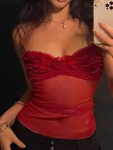 Women's Sexy Mesh Ruffle Cropped Cami Top, See-Through Street Style Spaghetti Strap For Summer - Red - View 6